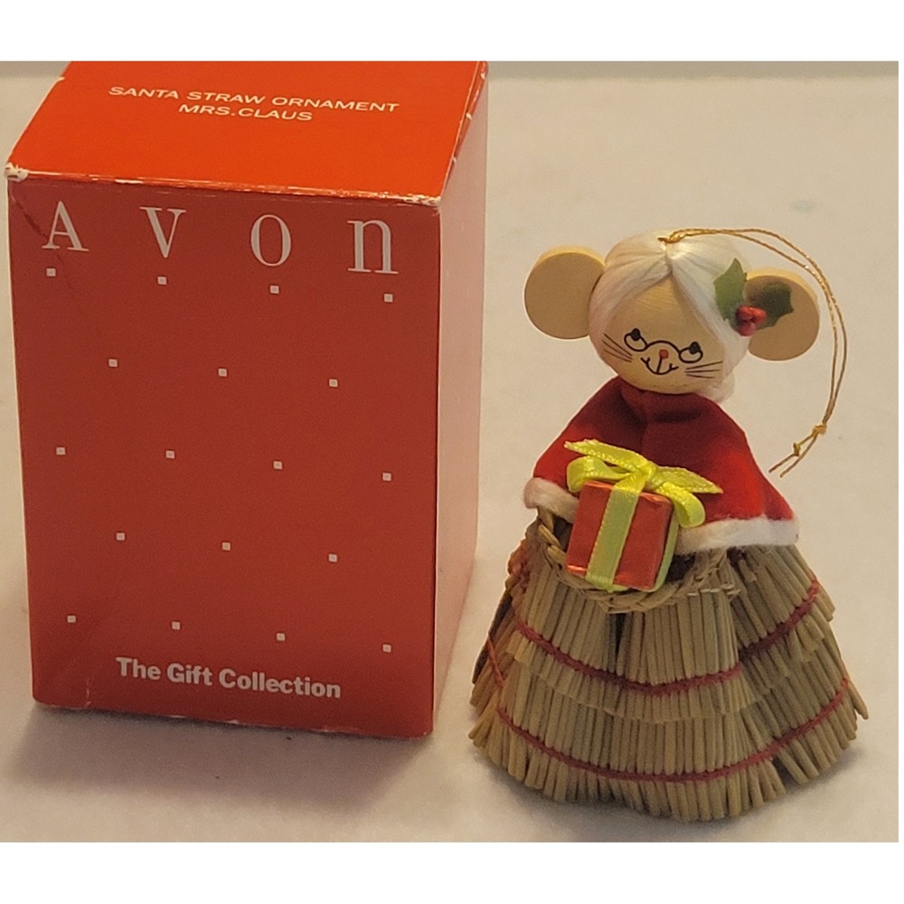 Avon Mrs Claus Mouse Santa Straw Ornament Vintage Christmas Decor Gift Red Tan